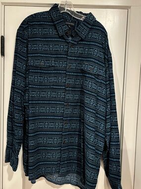 Lands’ End Aztec Button Front Shirt Mens XXL Blue Grey Black Baumwolle Cabincore
